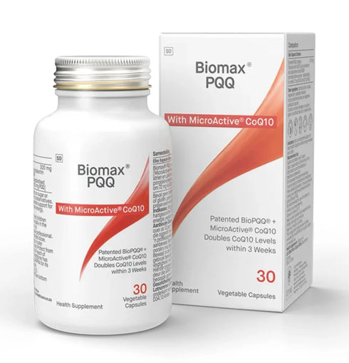 Image of white and red box and bottle of BioMax PQQ + CoQ10 Complex 300mg 30vcaps